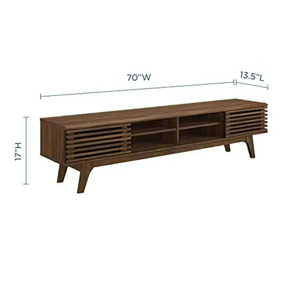 Retro Style Low Profile Walnut TV Stand with Sliding Doors