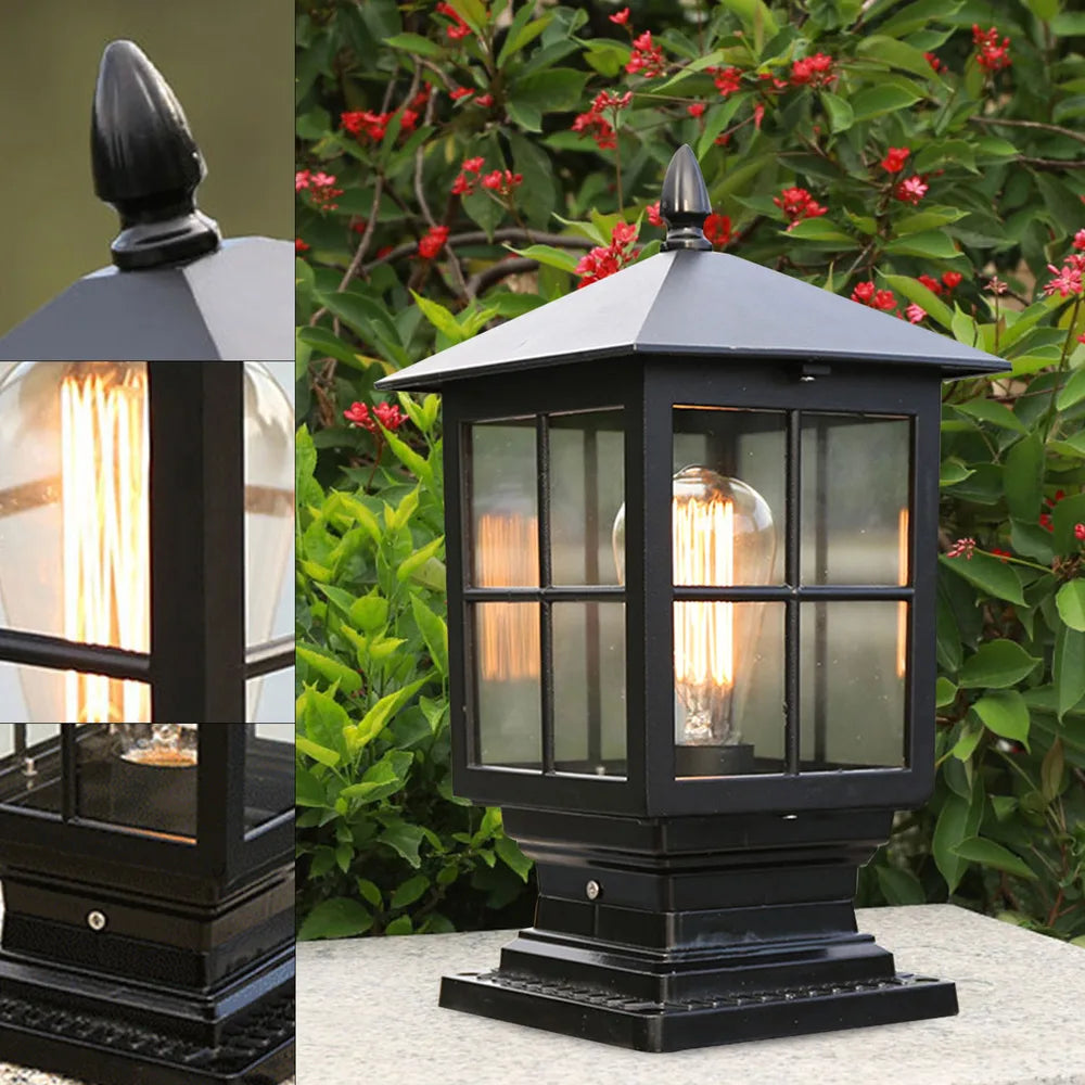 Vintage Black Lantern Garden Fence Pillar Lamp