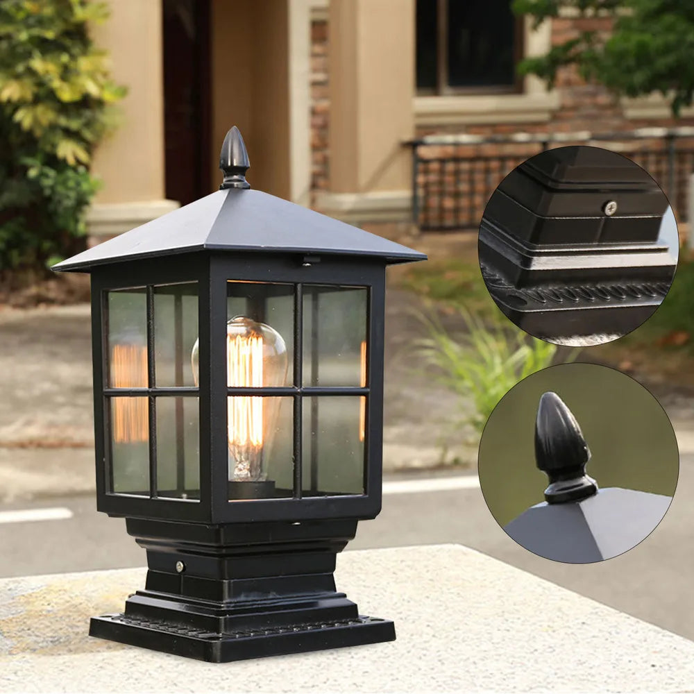 Vintage Black Lantern Garden Fence Pillar Lamp