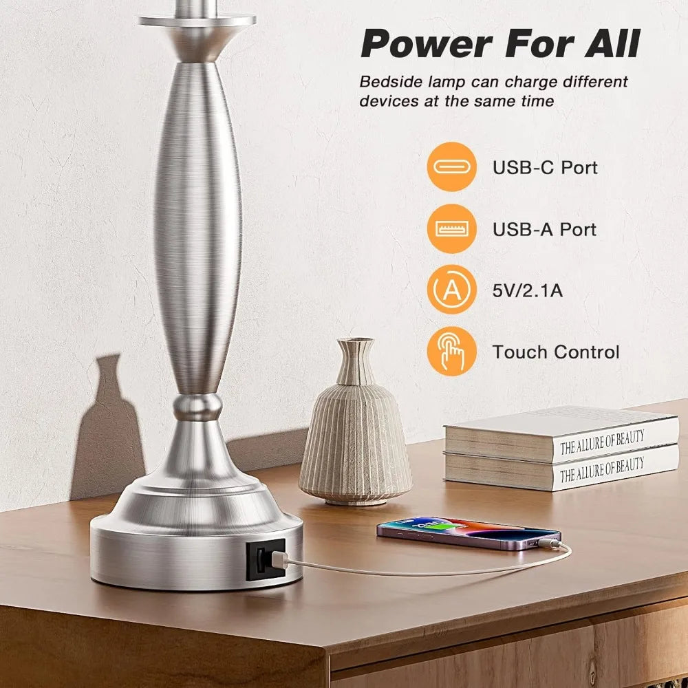 Touch Control Dimmable  Bedside Lamp with USB Charging Port