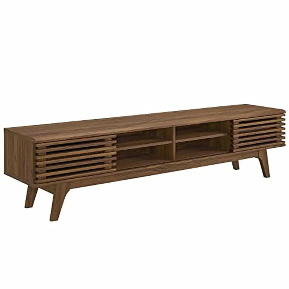 Retro Style Low Profile Walnut TV Stand with Sliding Doors