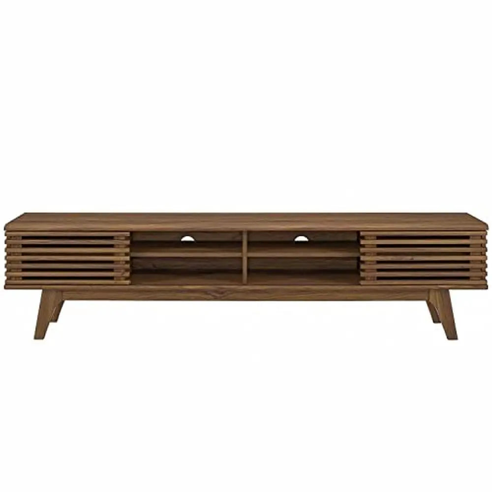 Retro Style Low Profile Walnut TV Stand with Sliding Doors