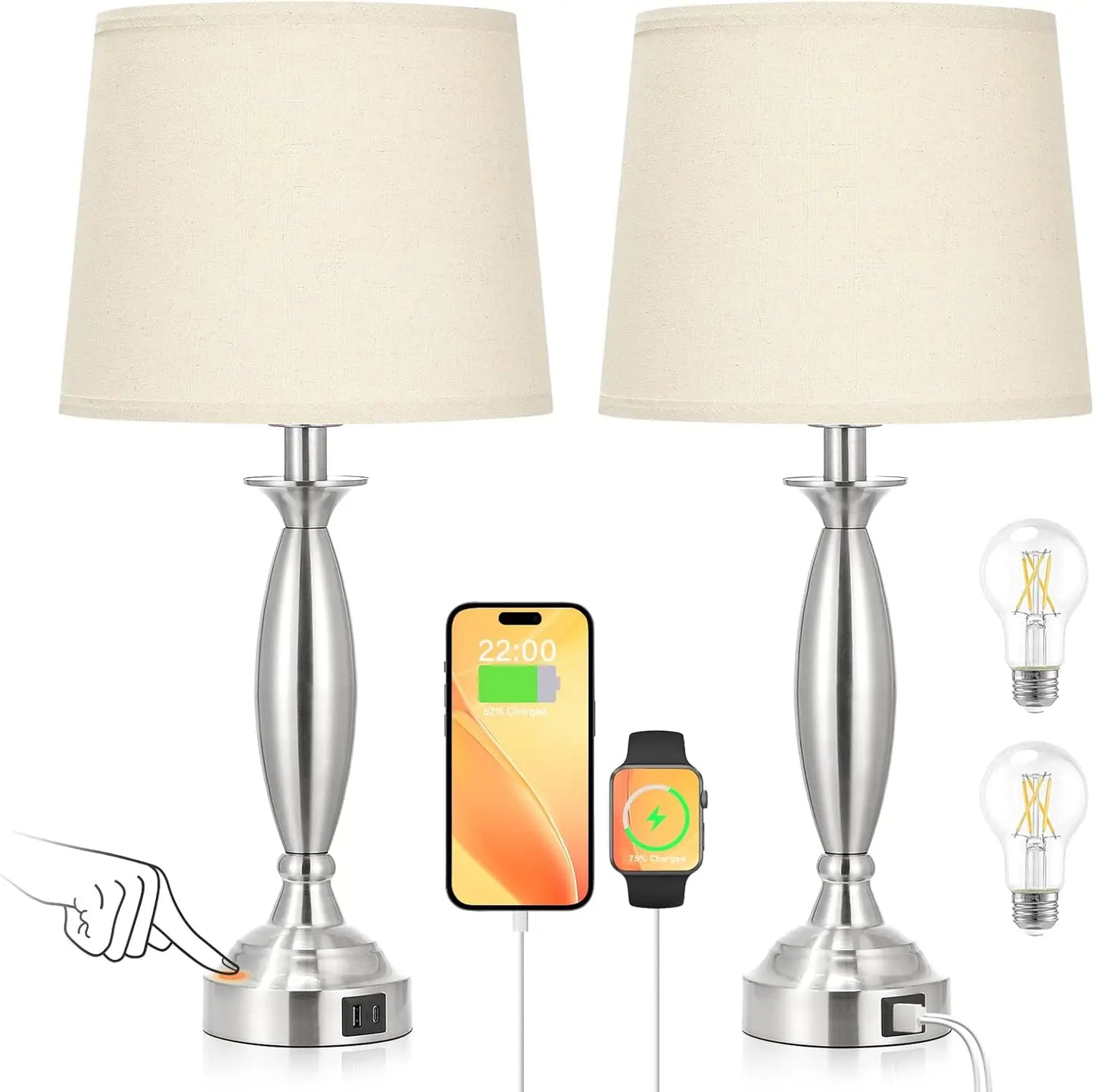 Touch Control Dimmable  Bedside Lamp with USB Charging Port