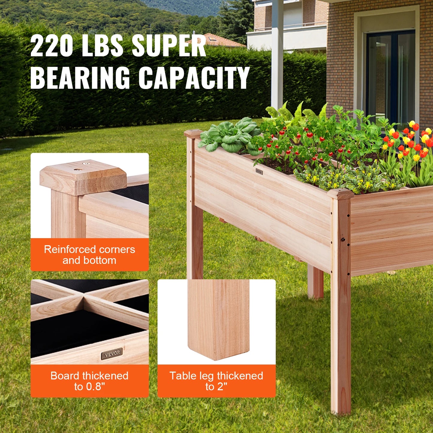 Wooden Raised Garden Bed Planter Box with Drainage System