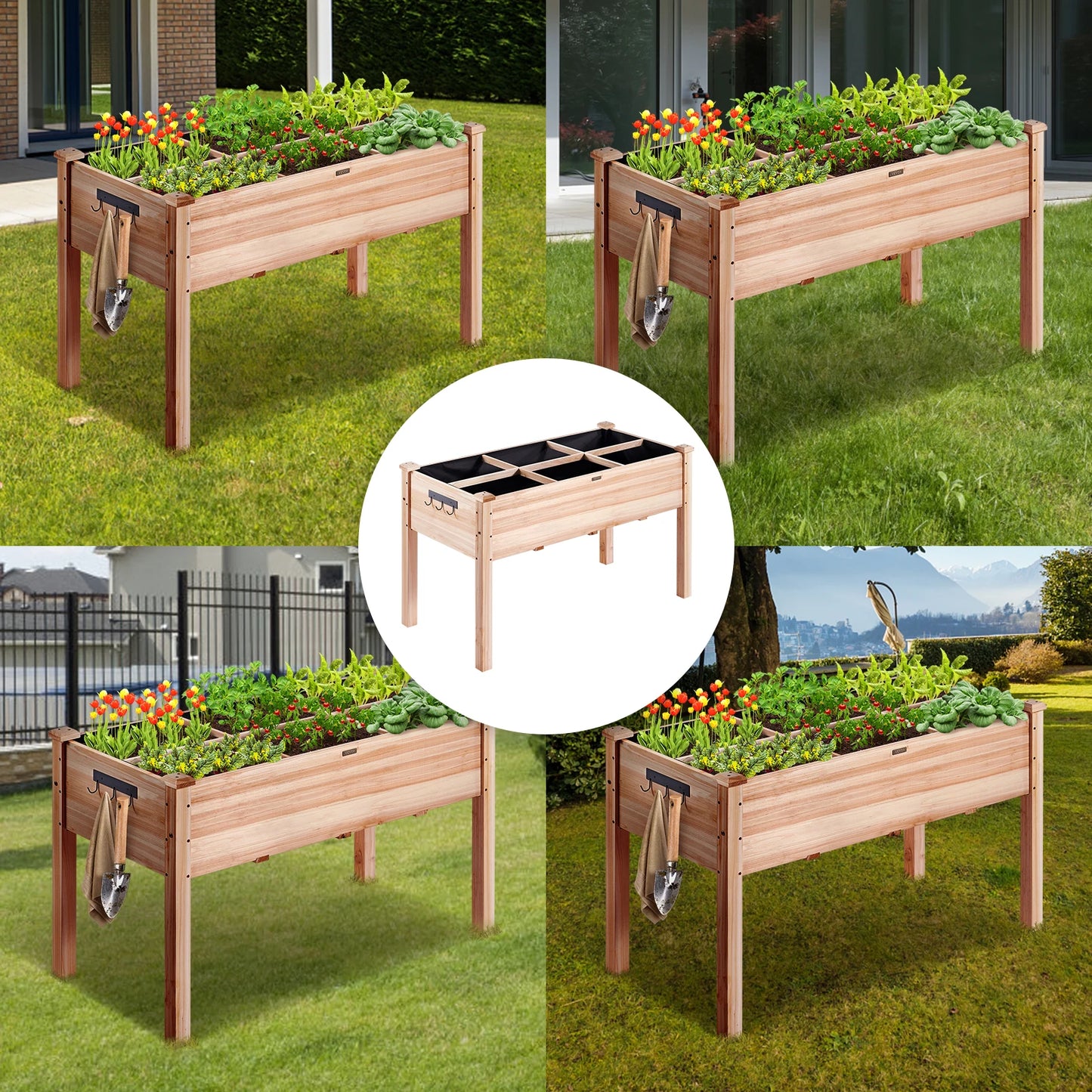 Wooden Raised Garden Bed Planter Box with Drainage System