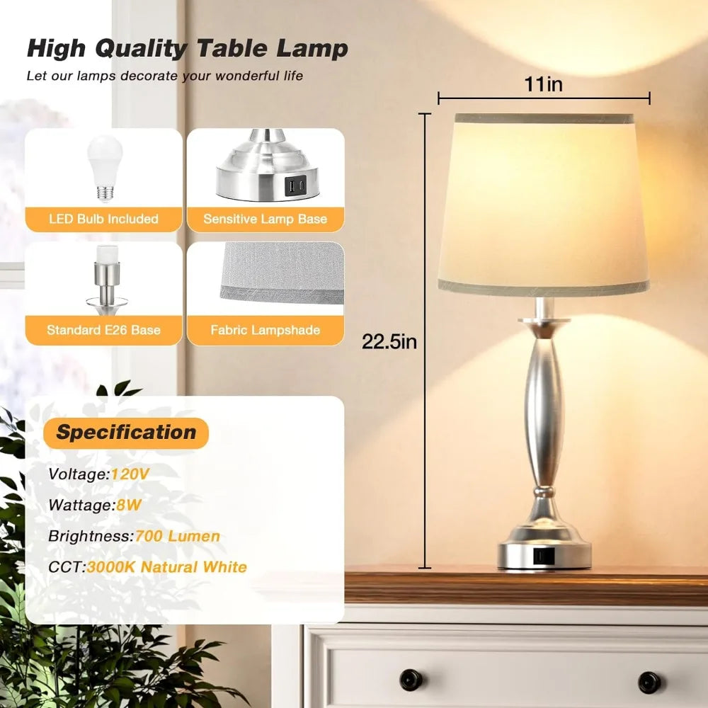 Touch Control Dimmable  Bedside Lamp with USB Charging Port