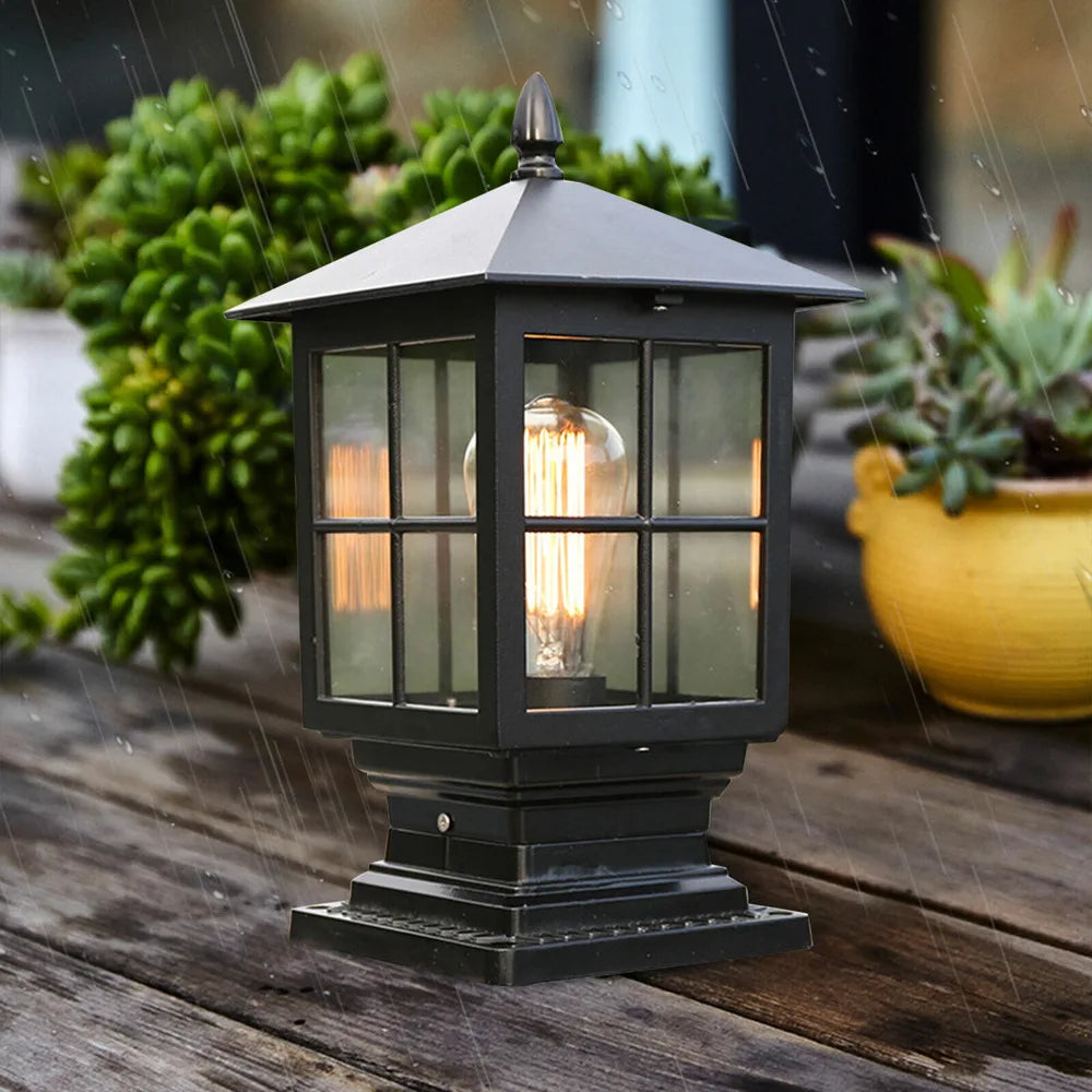 Vintage Black Lantern Garden Fence Pillar Lamp