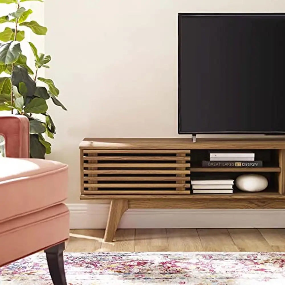 Retro Style Low Profile Walnut TV Stand with Sliding Doors