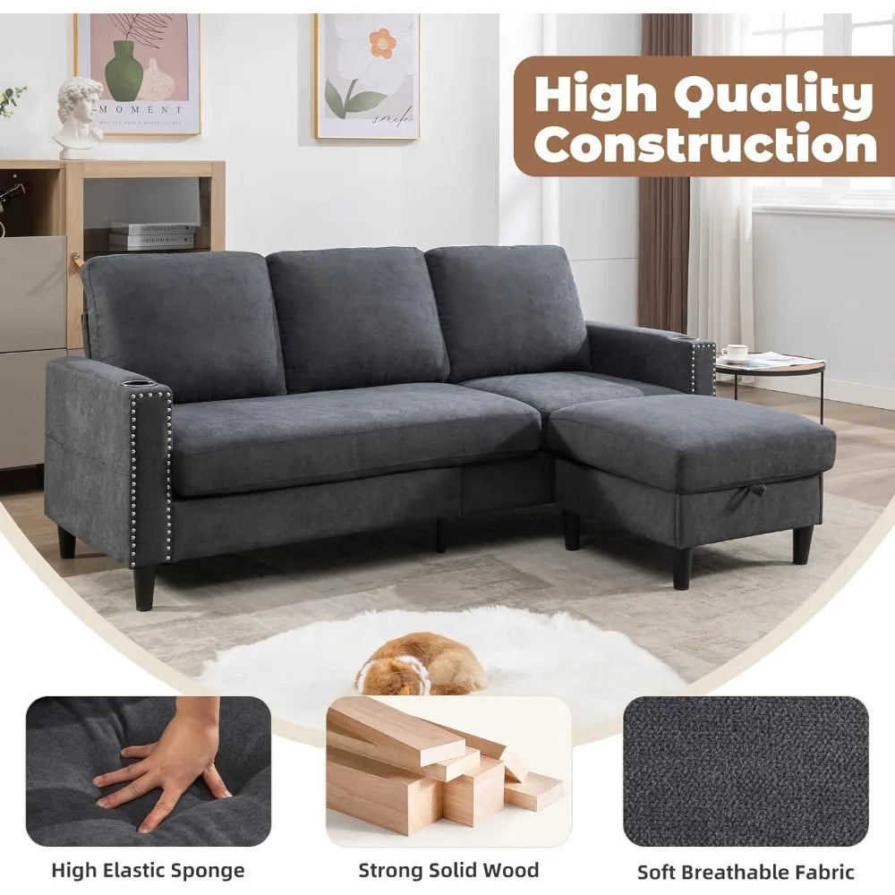 L-Shaped Convertible Sectional Couche with Storage & 2 Cup Holders