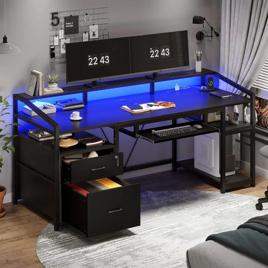 Gaming Desk with Lockable Drawers, LED Lights & Power Outlet