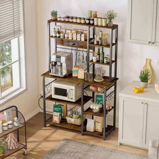 6-Tier Microwave Stand & Coffee Bar with 12 S-Shaped Hooks